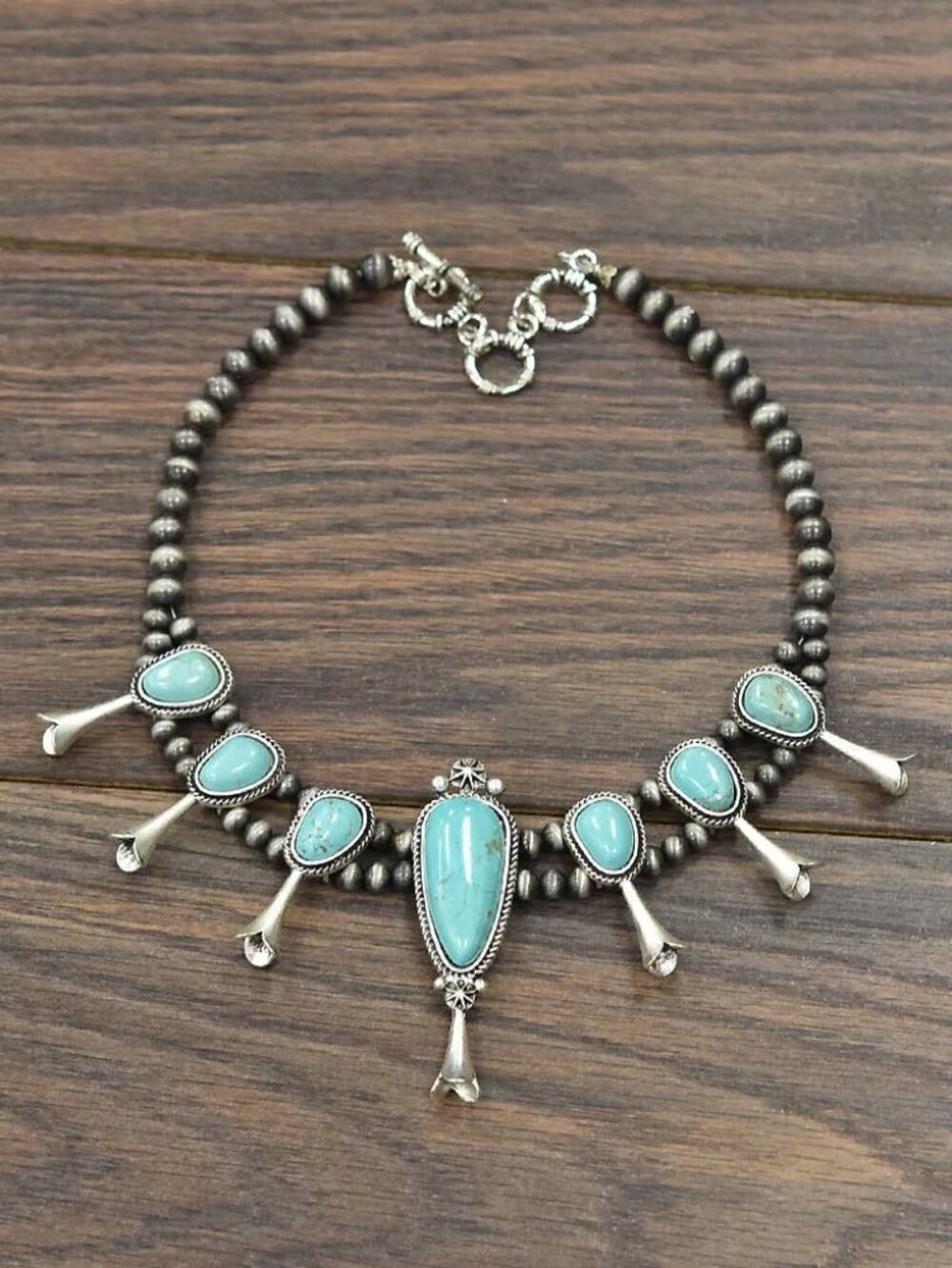 Western Turquoise Squash Blossom Necklace Silver Tone Cowgirl Rodeo